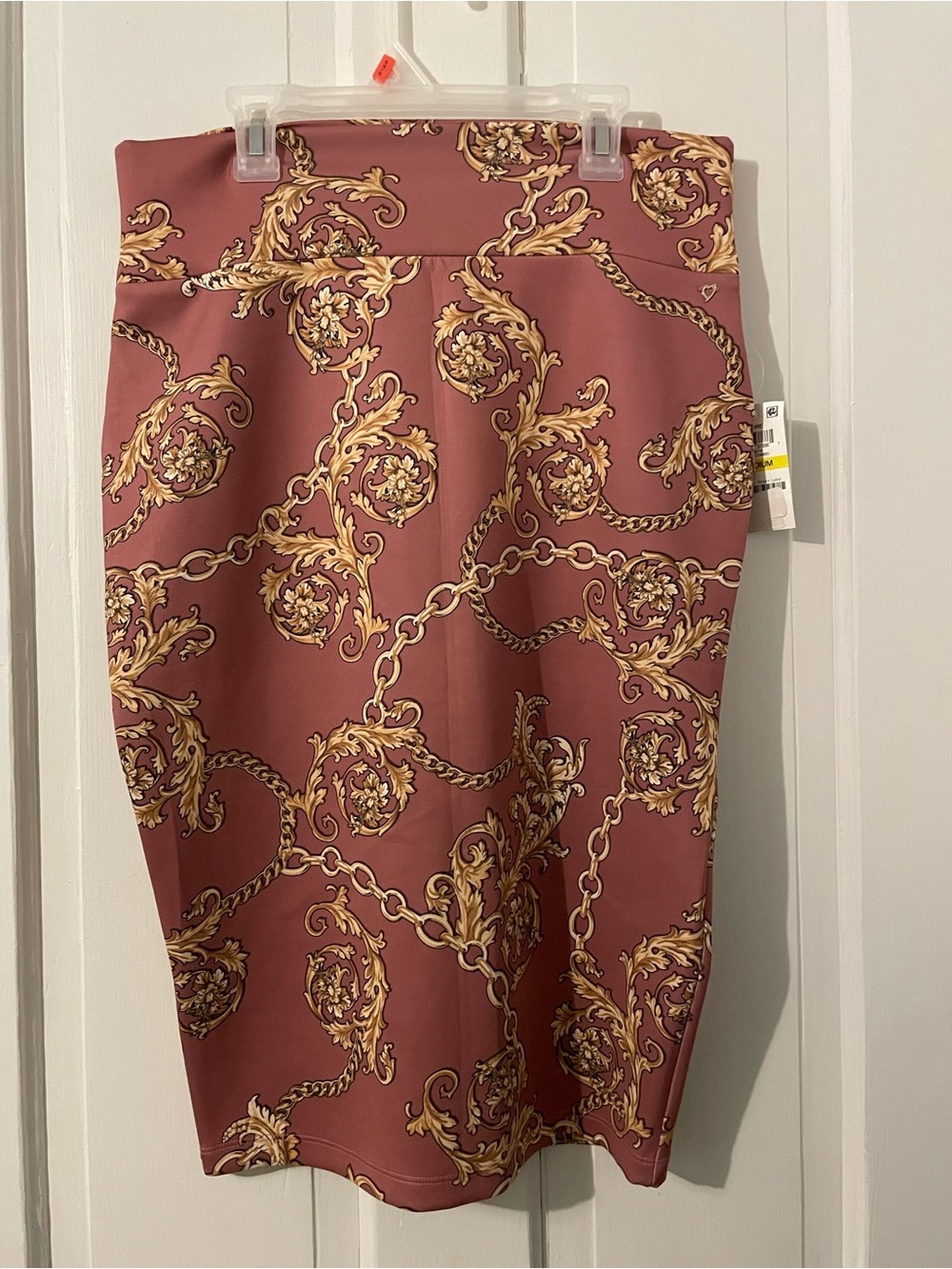 Thalia Sodi Burgundy Pencil Skirt with Gold Baroque Chain Print